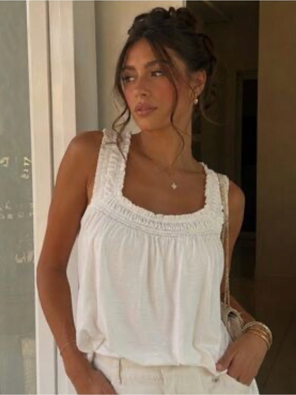 Anthropologie Lilianne White Smocked-Strap Tank